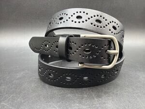 Black Leather Perforated Boho Belt Silver Tone Buckle One Size Fits Up to 40”